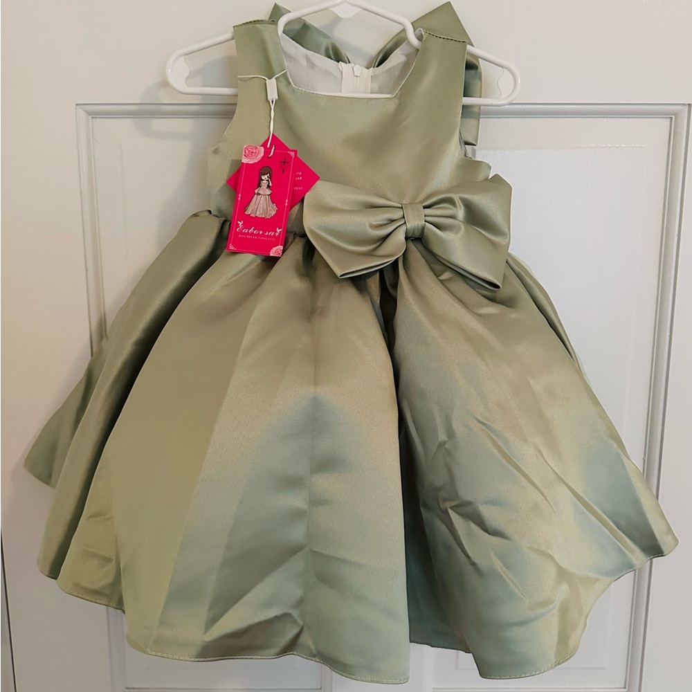Girls' Olive Green Satin Bow Formal Dress